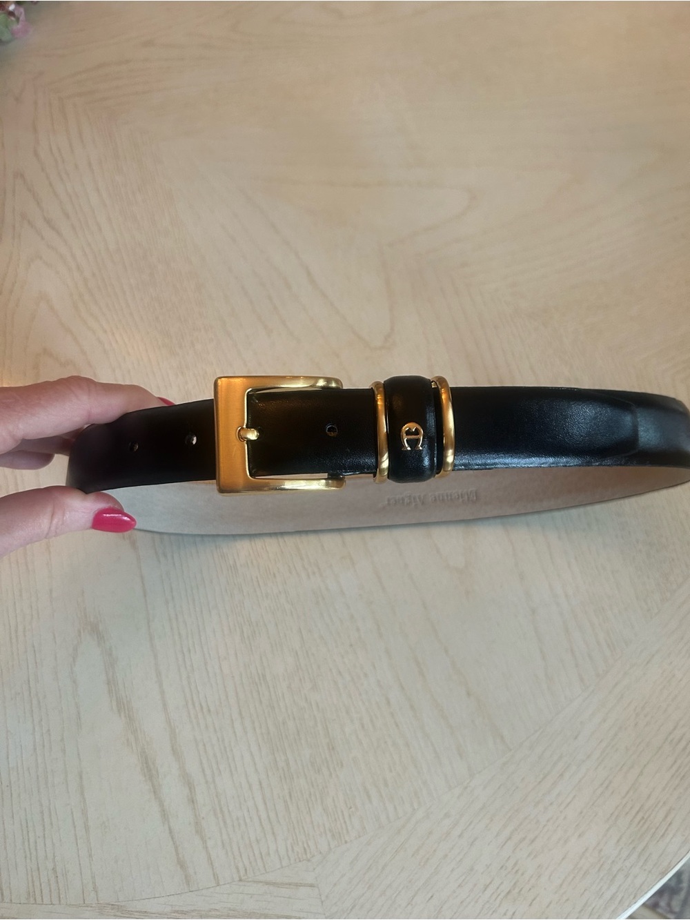 Aigner Black Leather Belt with Gold Buckle